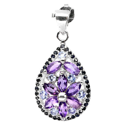 Amethyst Tansanit Saphir Anhänger aus weißvergoldetem Silber - INARA