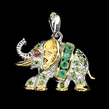 Smaragd Russischer Diopsid Rubin Elefant Anhänger Silber Vorderansicht - INARA