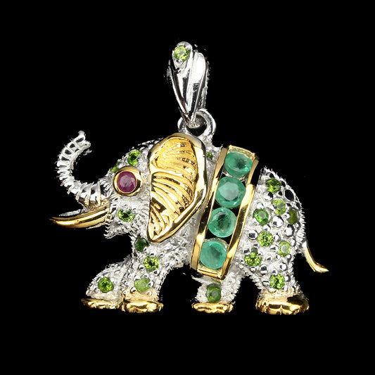Smaragd Russischer Diopsid Rubin Elefant Anhänger Silber Vorderansicht - INARA