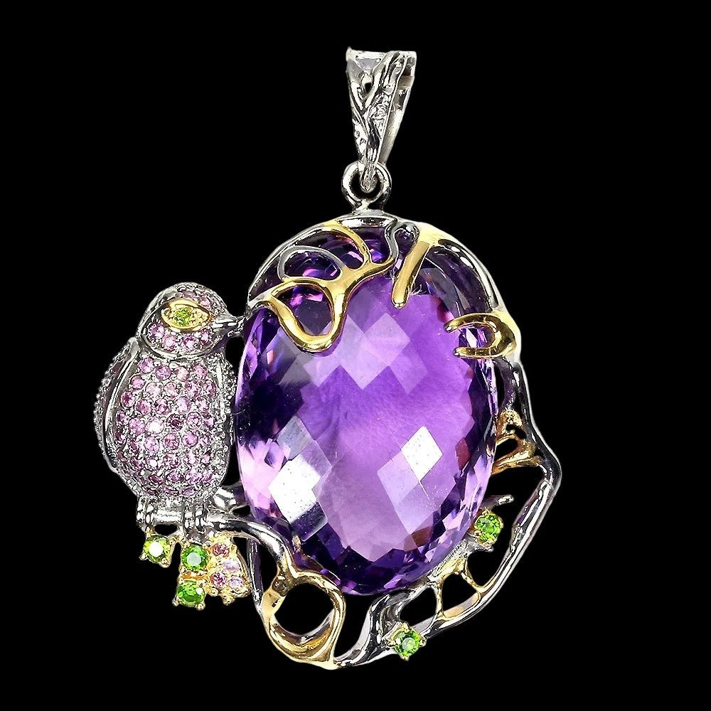 Amethyst Chromdiopsid Rhodolit Silber Vogel Anhänger - INARA