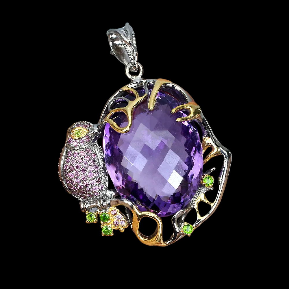 Amethyst Chromdiopsid Rhodolit Silber Vogel Anhänger - INARA