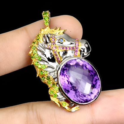 Amethyst Chromdiopsid Rhodolit Pferd Anhänger Silber - INARA