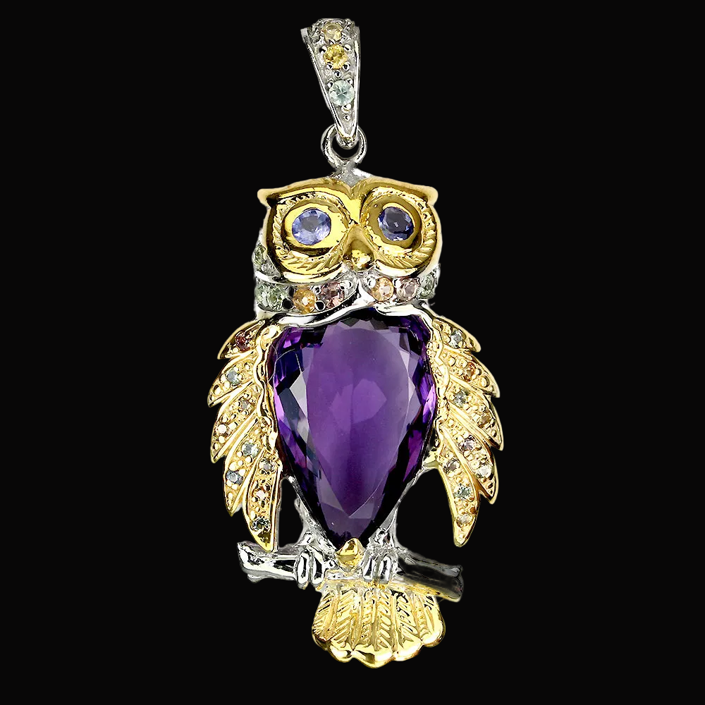 Amethyst Tansanit Saphir Eule Anhänger Silber weißvergoldet - INARA - Vorderansicht