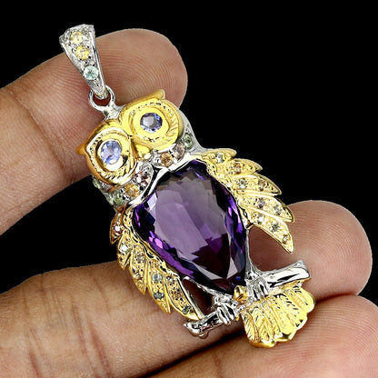 Amethyst Tansanit Saphir Eule Anhänger Silber weißvergoldet - INARA - Detailansicht