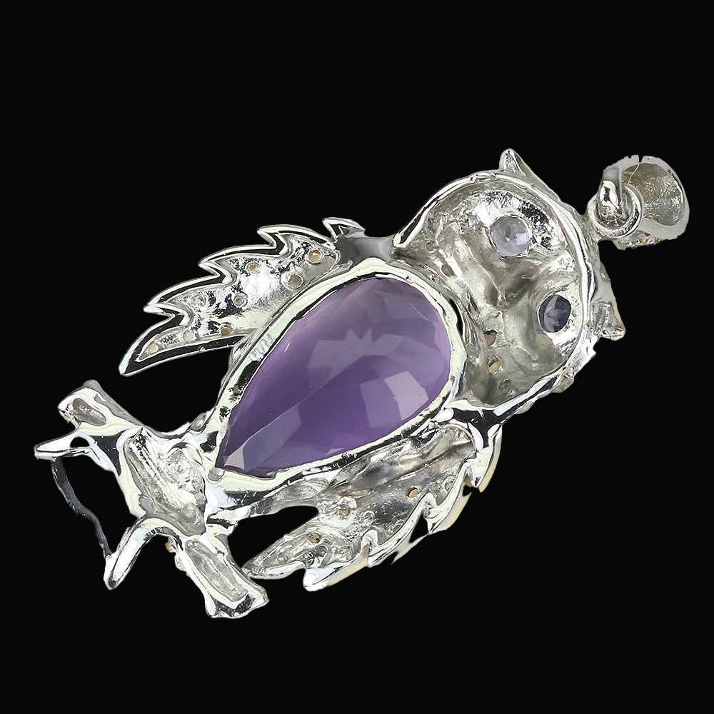 Amethyst Tansanit Saphir Eule Anhänger Silber weißvergoldet - INARA - Rückansicht