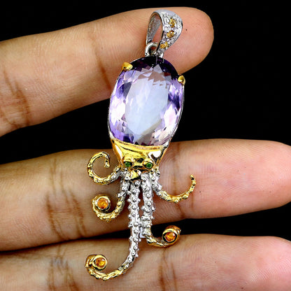 Ametrin Saphir Russischer Diopsid Oktopus Anhänger Silber vergoldet - INARA - Detailansicht