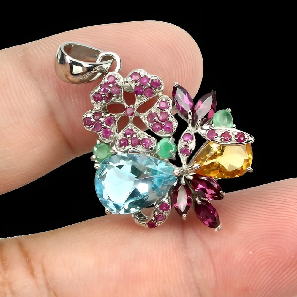 Blautopas Citrin Smaragd Rubin Rhodolit Anhänger aus weißvergoldetem Silber - INARA