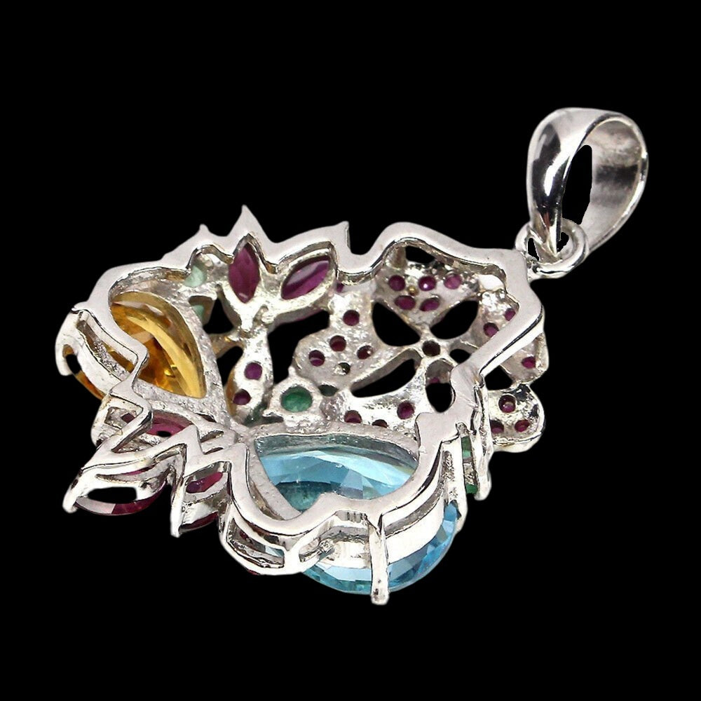 Blautopas Citrin Smaragd Rubin Rhodolit Anhänger aus weißvergoldetem Silber - INARA