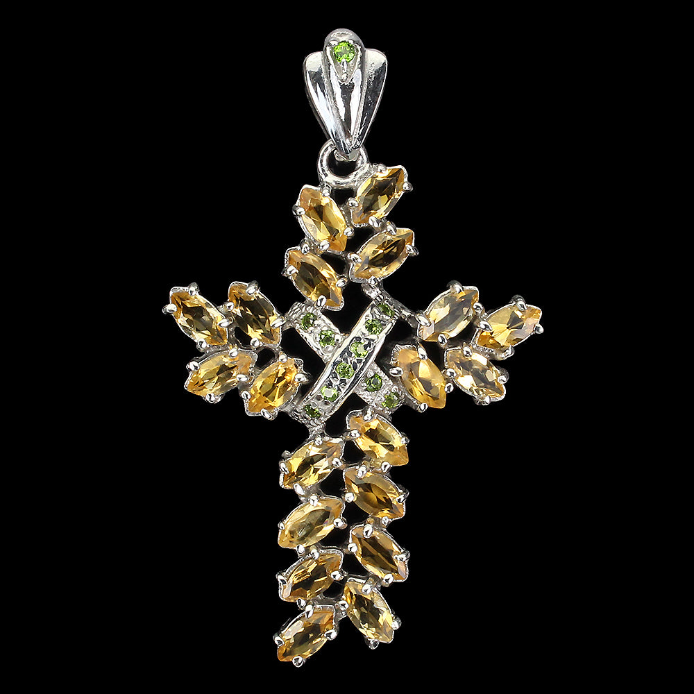 Citrin Russischer Diopsid Kreuz Anhänger aus weißvergoldetem Silber - INARA