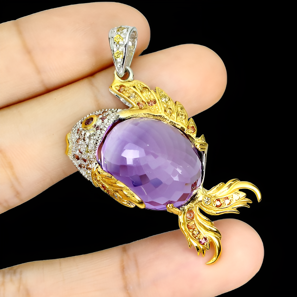 Amethyst Rhodolit Saphir Fisch Anhänger Silber bicolor vergoldet - INARA