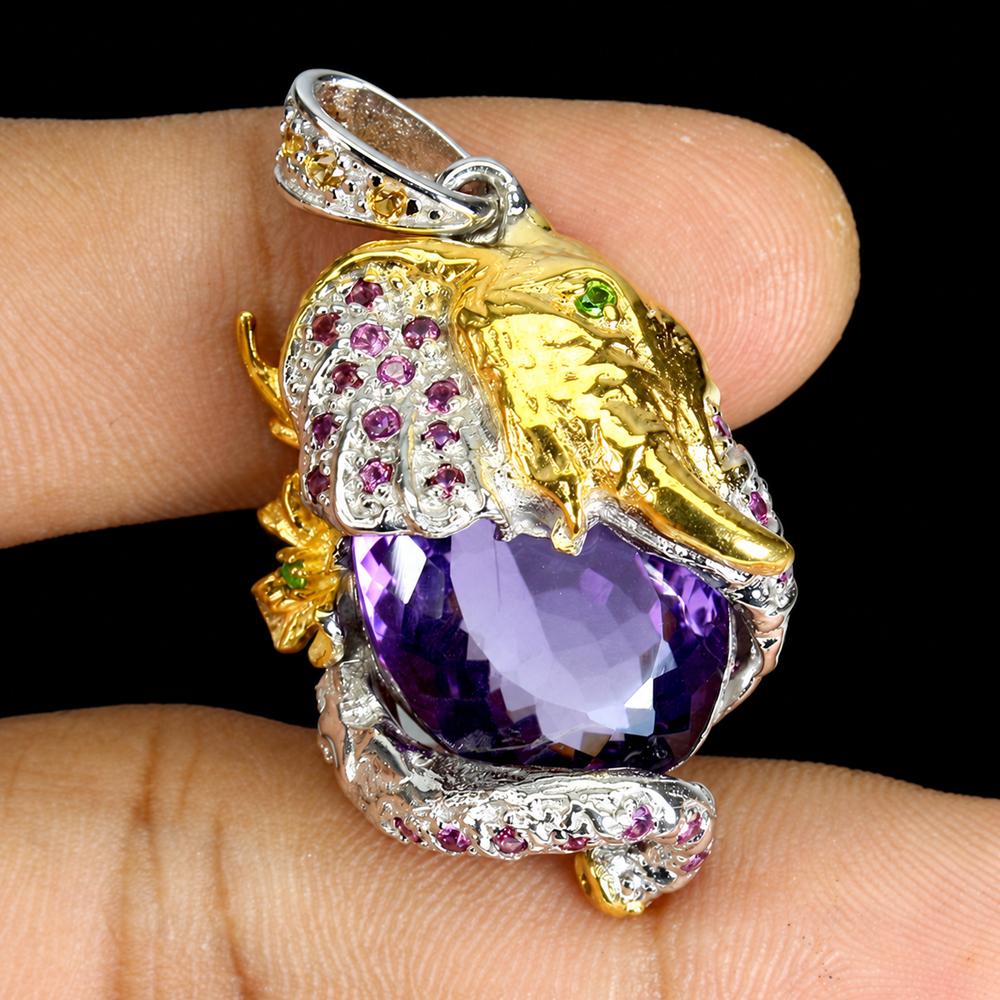 Amethyst Rhodolit Saphir Russischer Diopsid Elefant Anhänger Silber vergoldet - INARA - Detailansicht