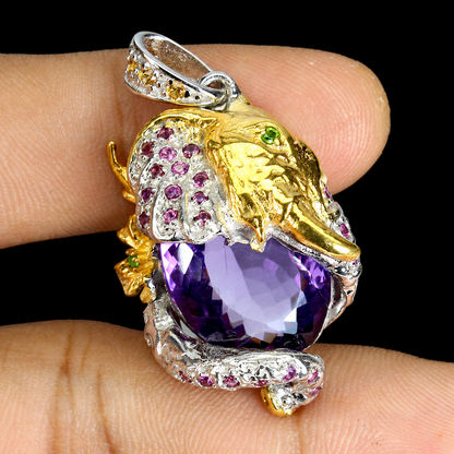 Amethyst Rhodolit Saphir Russischer Diopsid Elefant Anhänger Silber vergoldet - INARA - Detailansicht
