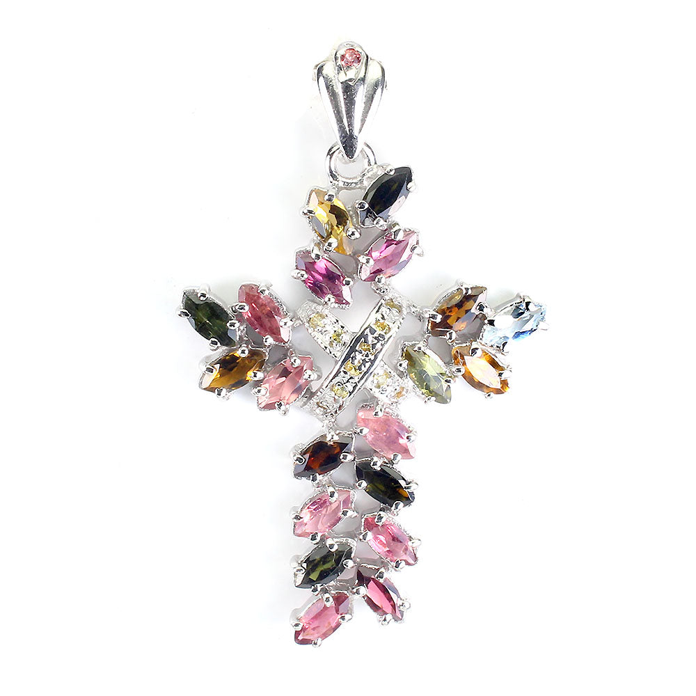 Turmalin Saphir Kreuz Anhänger aus weißvergoldetem Silber - INARA