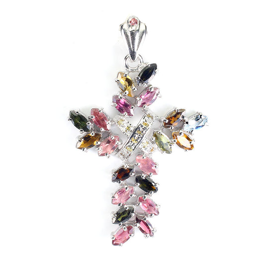 Turmalin Saphir Kreuz Anhänger aus weißvergoldetem Silber - INARA