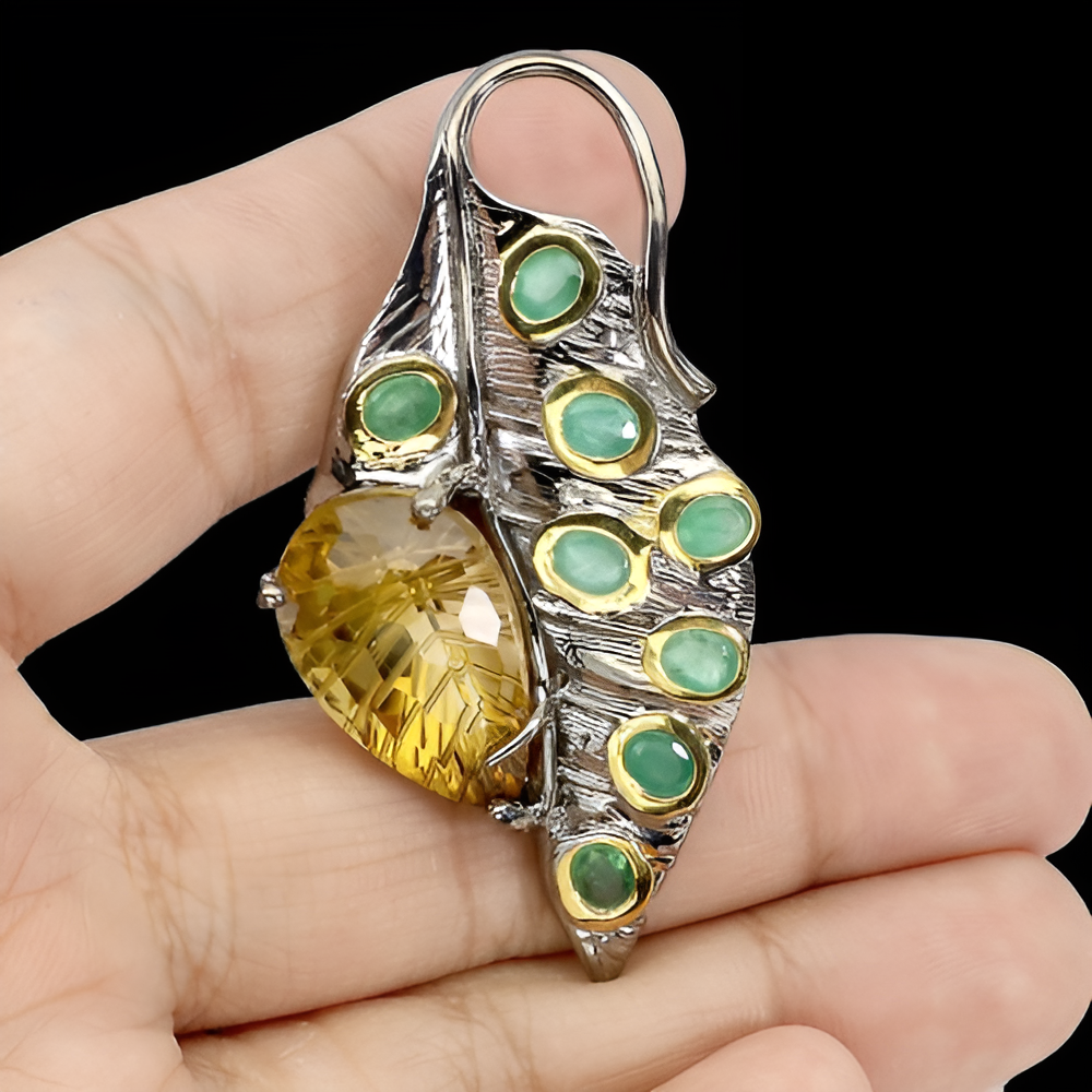 Citrin Smaragd Blatt Anhänger aus Silber - INARA