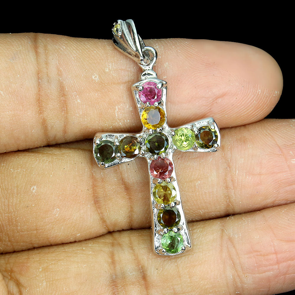 Turmalin Saphir Kreuz Anhänger Silber weißvergoldet - INARA