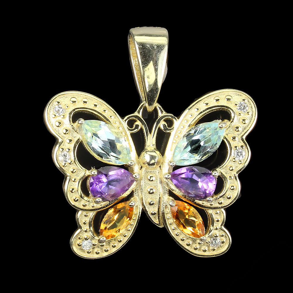 Blautopas Amethyst Citrin Schmetterling Anhänger Silber vergoldet -Vorderansicht - INARA