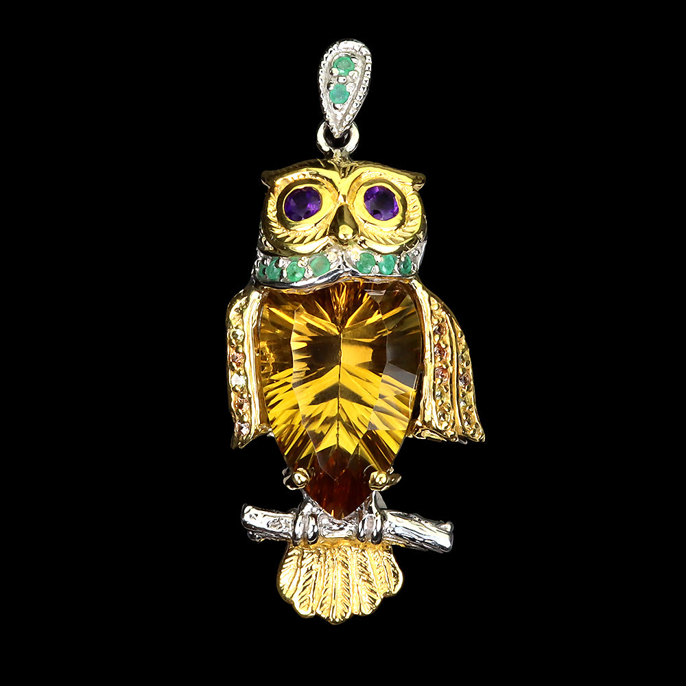 Citrin Amethyst Smaragd Saphir Eule Anhänger Silber vergoldet - INARA