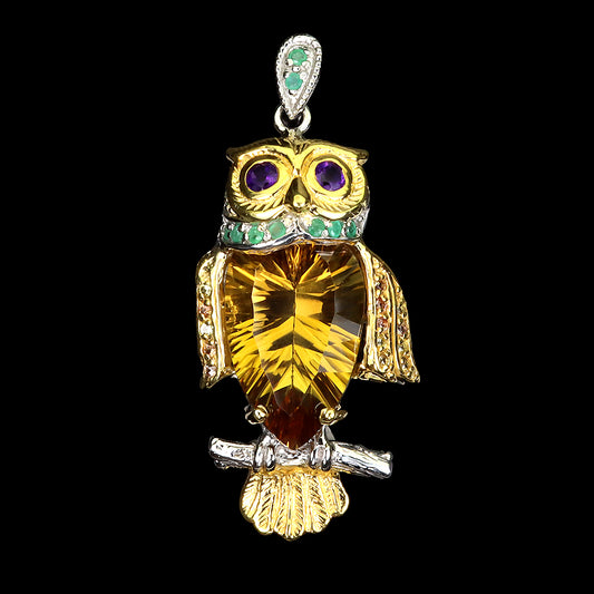 Citrin Amethyst Smaragd Saphir Eule Anhänger Silber vergoldet - INARA