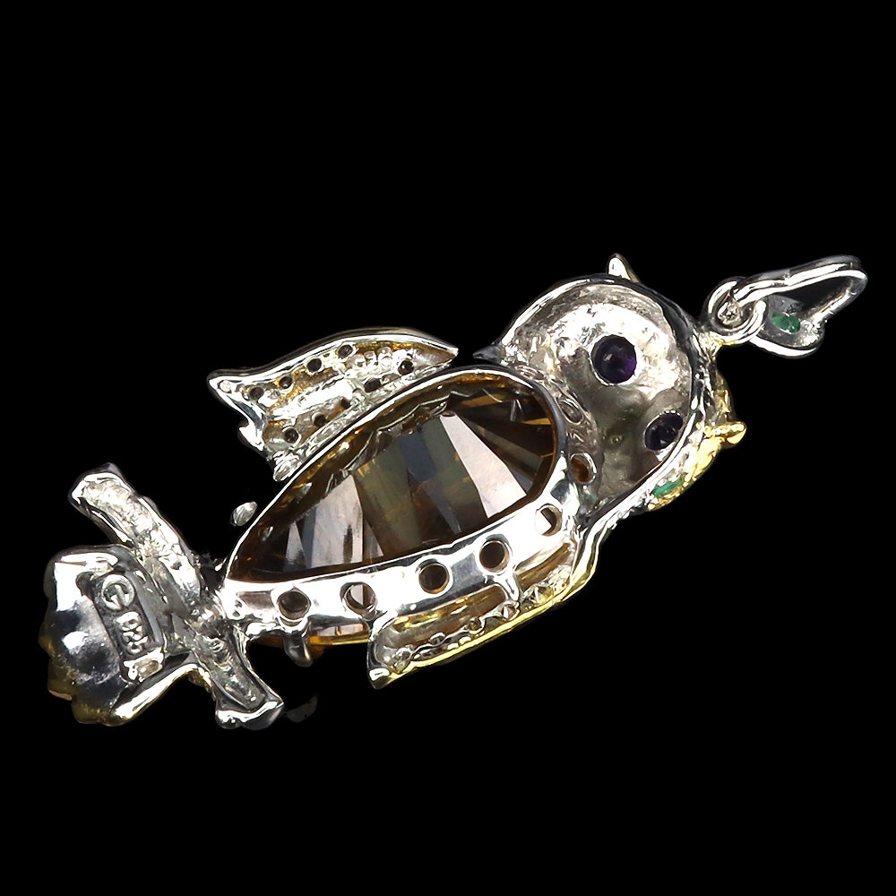 Citrin Amethyst Smaragd Saphir Eule Anhänger Silber vergoldet - INARA