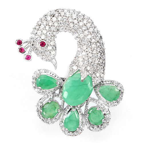 Smaragd Rubin Pfau Ring Silber weißvergoldet - INARA