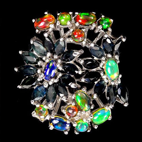 Schwarzer Opal Saphir Ring Silber weißvergoldet - INARA - Vorderansicht