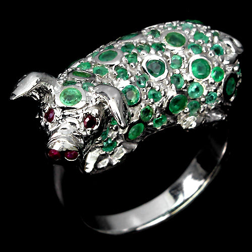 Smaragd Rubin Glücksschwein Ring Silber weißvergoldet - INARA