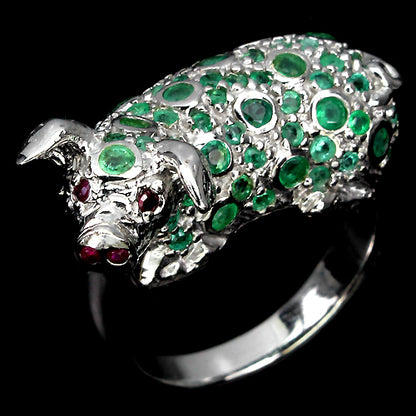 Smaragd Rubin Glücksschwein Ring Silber weißvergoldet - INARA