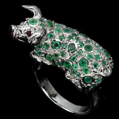 Smaragd Rubin Glücksschwein Ring Silber weißvergoldet - INARA