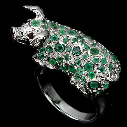Smaragd Rubin Glücksschwein Ring Silber weißvergoldet - INARA