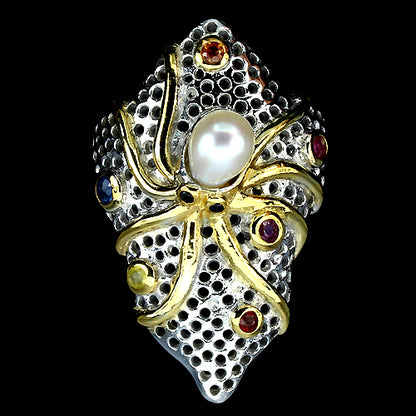 Saphir Rubin Perle Oktopus Ring Silber vergoldet - INARA