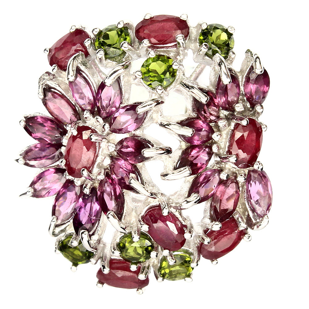 Rubin Russischer Diopsid Rhodolit Ring Silber weißvergoldet - INARA - Vorderansicht