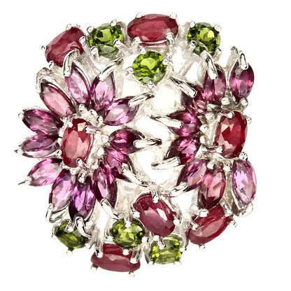 Rubin Russischer Diopsid Rhodolit Ring Silber weißvergoldet - INARA - Vorderansicht