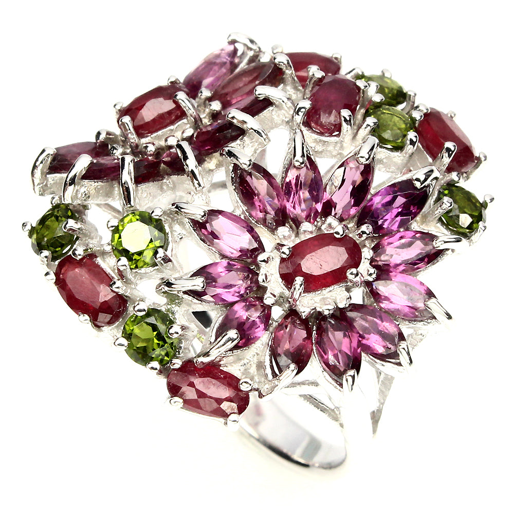 Rubin Russischer Diopsid Rhodolit Ring Silber weißvergoldet - INARA - Detailansicht