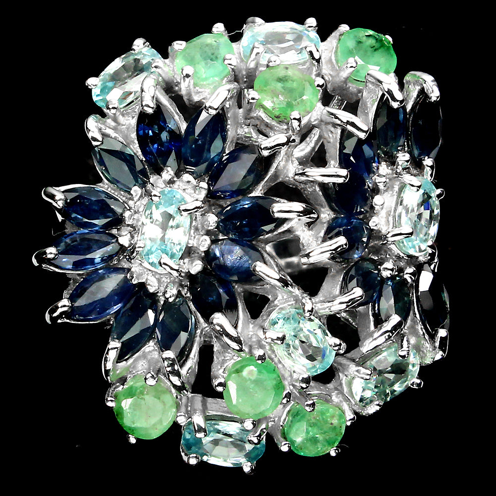 Saphir Smaragd Zirkon Ring Silber weißvergoldet - INARA - Vorderansicht