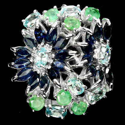 Saphir Smaragd Zirkon Ring Silber weißvergoldet - INARA - Vorderansicht