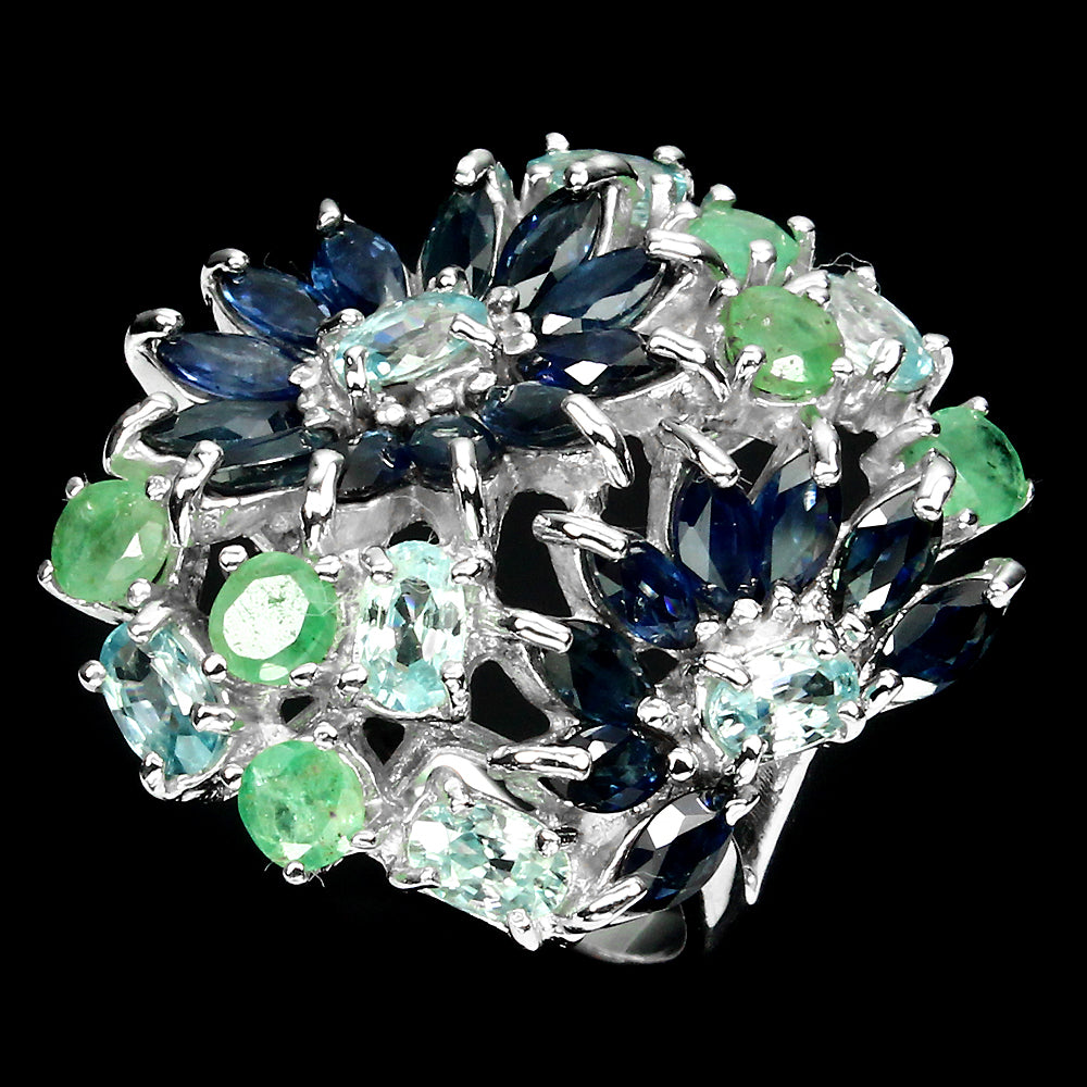 Saphir Smaragd Zirkon Ring Silber weißvergoldet - INARA - Detailansicht
