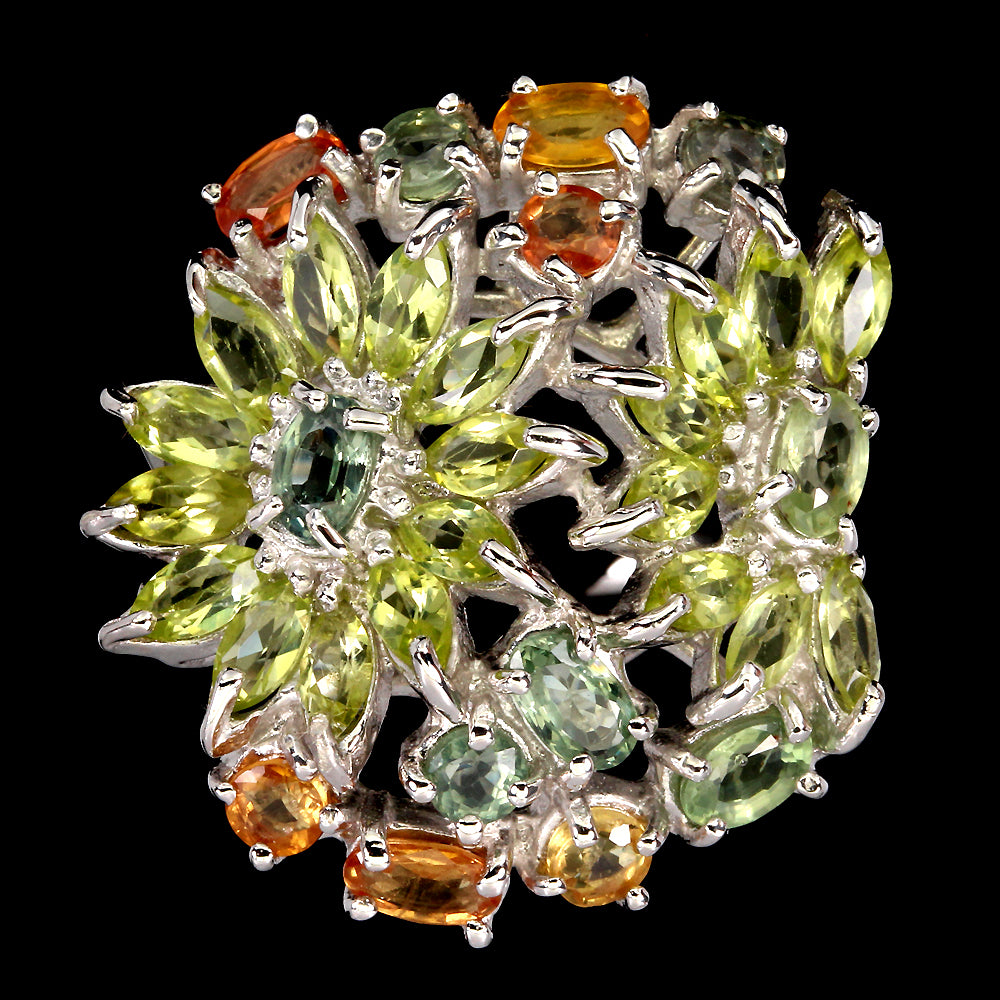 Saphir Peridot Blumen Ring Silber weißvergoldet - INARA - Vorderansicht