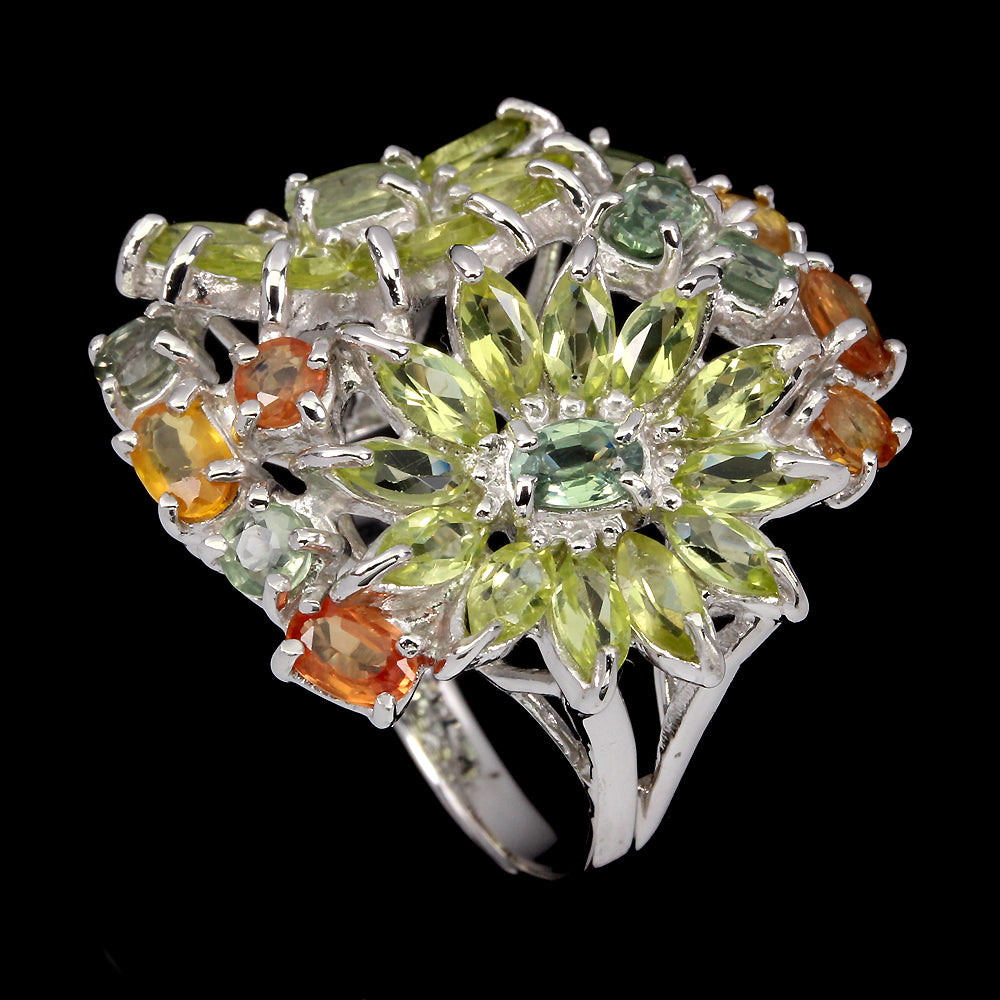 Saphir Peridot Blumen Ring Silber weißvergoldet - INARA - Detailansicht