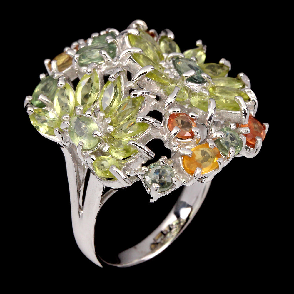 Saphir Peridot Blumen Ring Silber weißvergoldet - INARA - Detailansicht