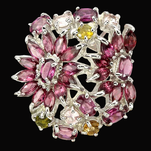 Rhodolit Turmalin Ring Silber weißvergoldet - INARA - Vorderansicht