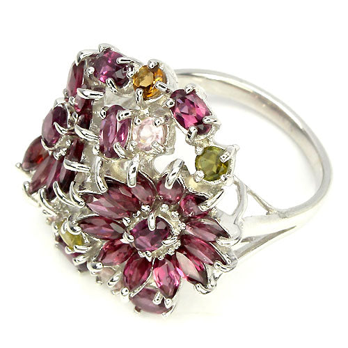 Rhodolit Turmalin Ring Silber weißvergoldet - INARA - Seitenansicht