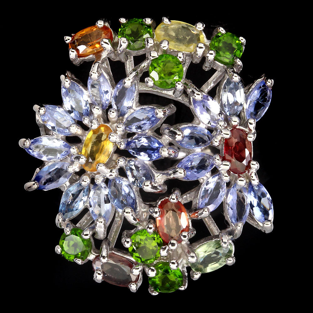 Saphir Tansanit Chromdiopsid Ring Silber weißvergoldet - INARA - Vorderansicht