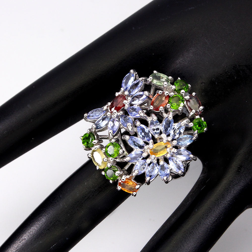 Saphir Tansanit Chromdiopsid Ring Silber weißvergoldet - INARA - Detailansicht