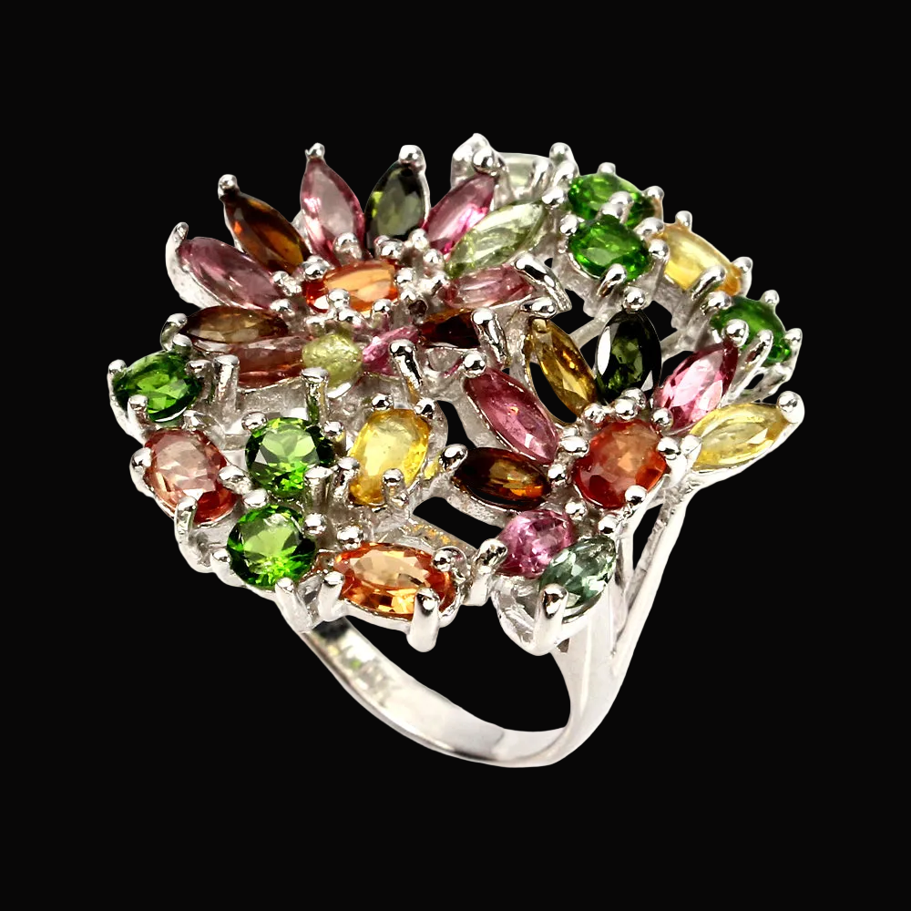 Saphir Turmalin Russischer Diopsid Ring Silber weißvergoldet - INARA - Detailansicht