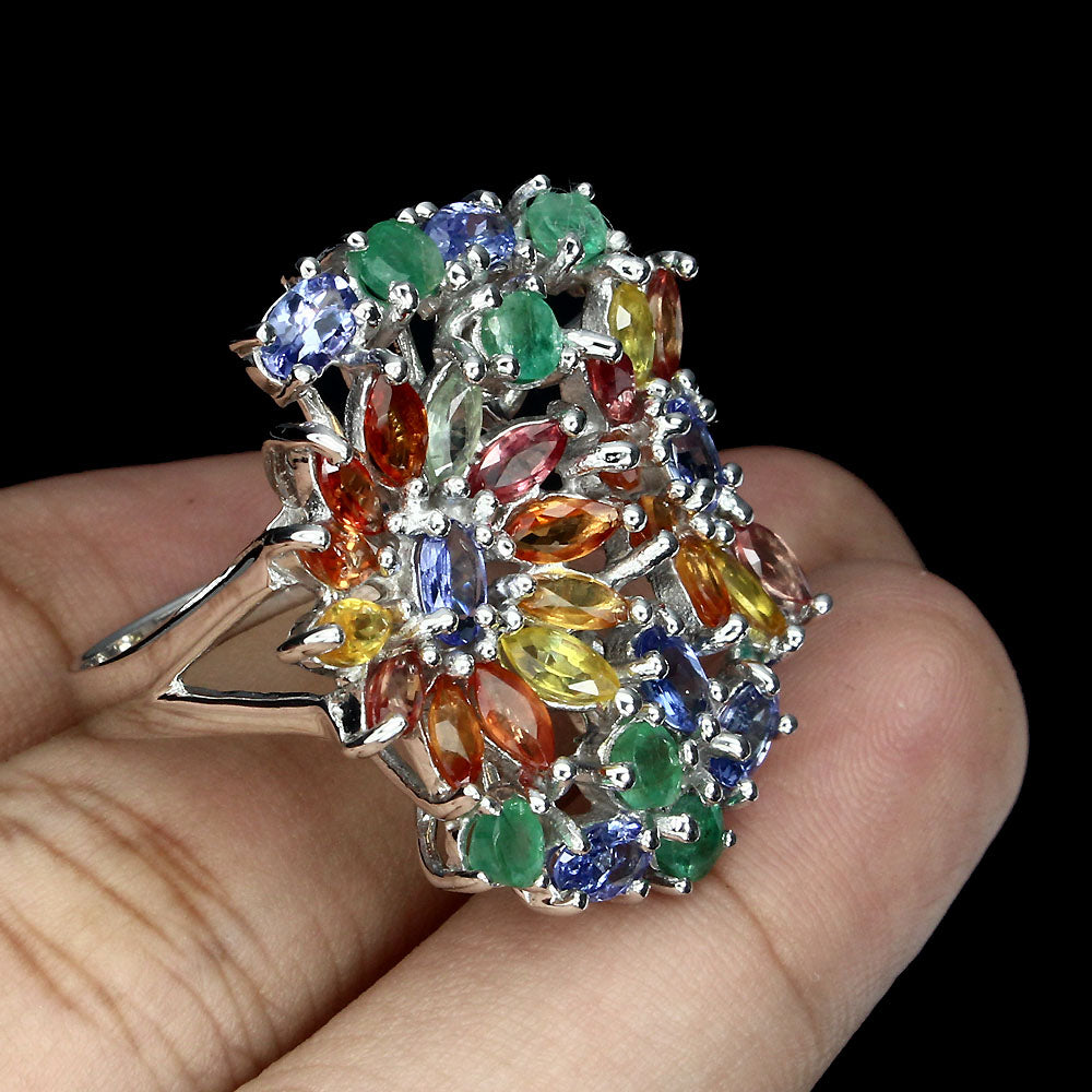 Saphir Tansanit Smaragd Ring Silber weißvergoldet - INARA - Detailansicht