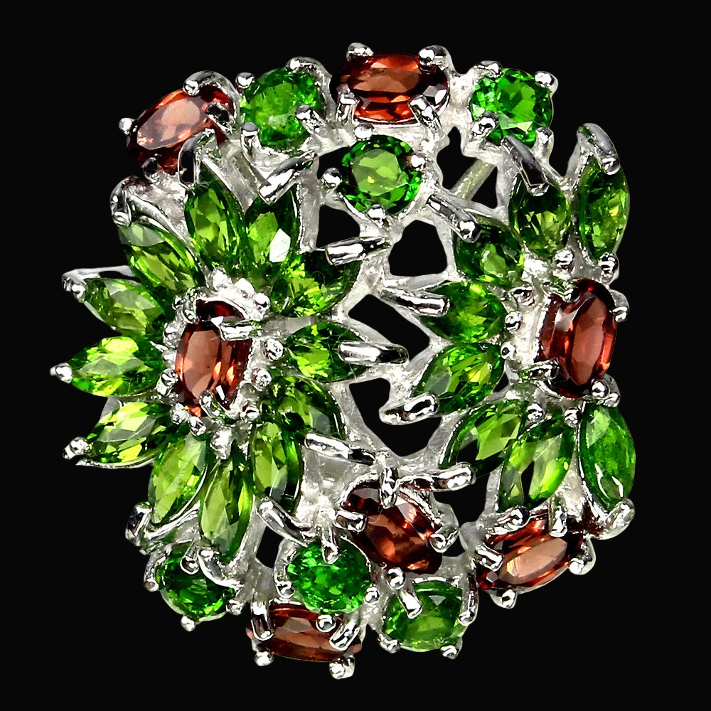 Chromdiopsid Granat Blumen Ring Silber weißvergoldet - INARA - Vorderansicht