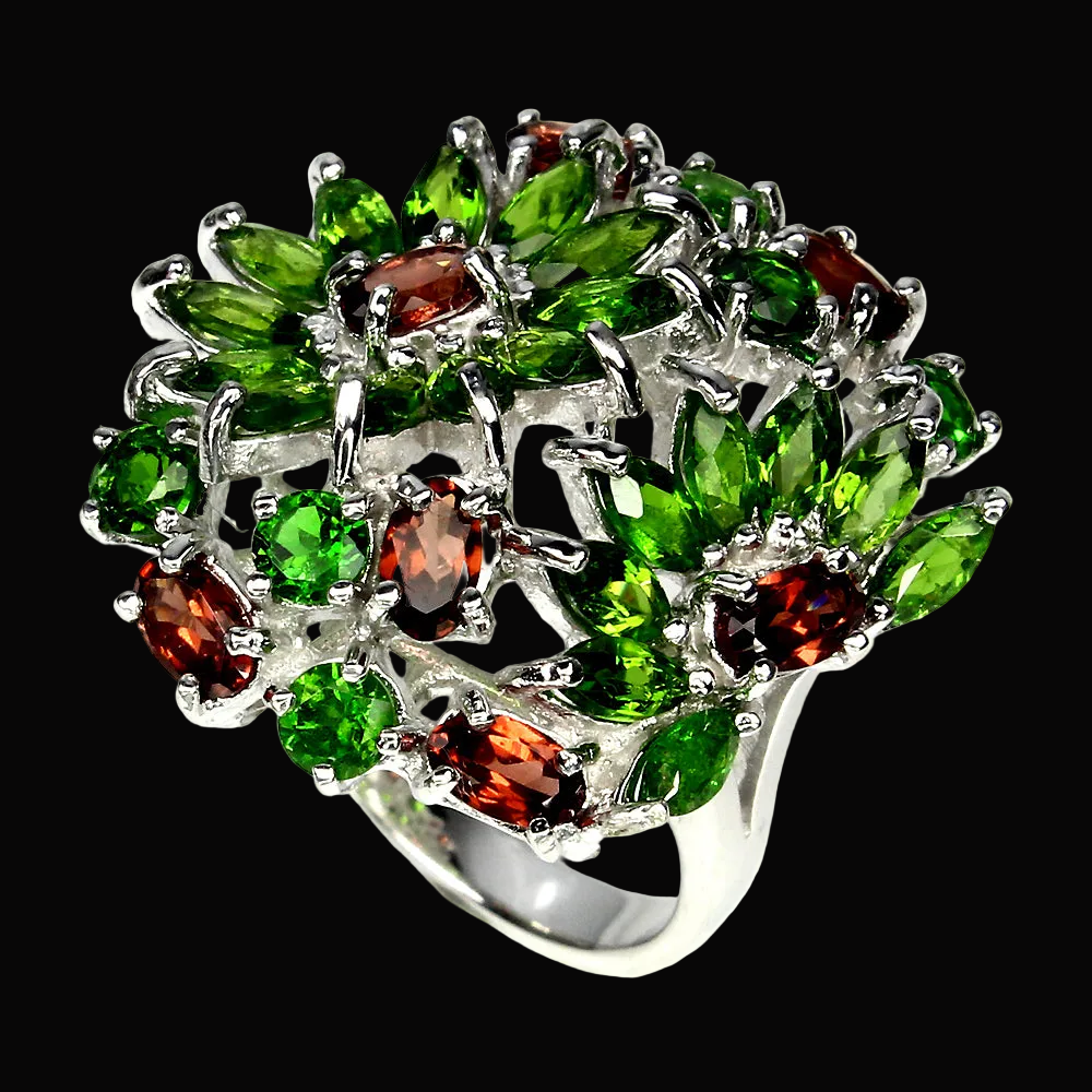 Chromdiopsid Granat Blumen Ring Silber weißvergoldet - INARA - Detailansicht