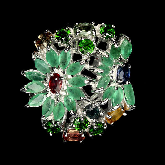 Saphir Smaragd Chromdiopsid Ring Silber weißvergoldet - INARA - Vorderansicht