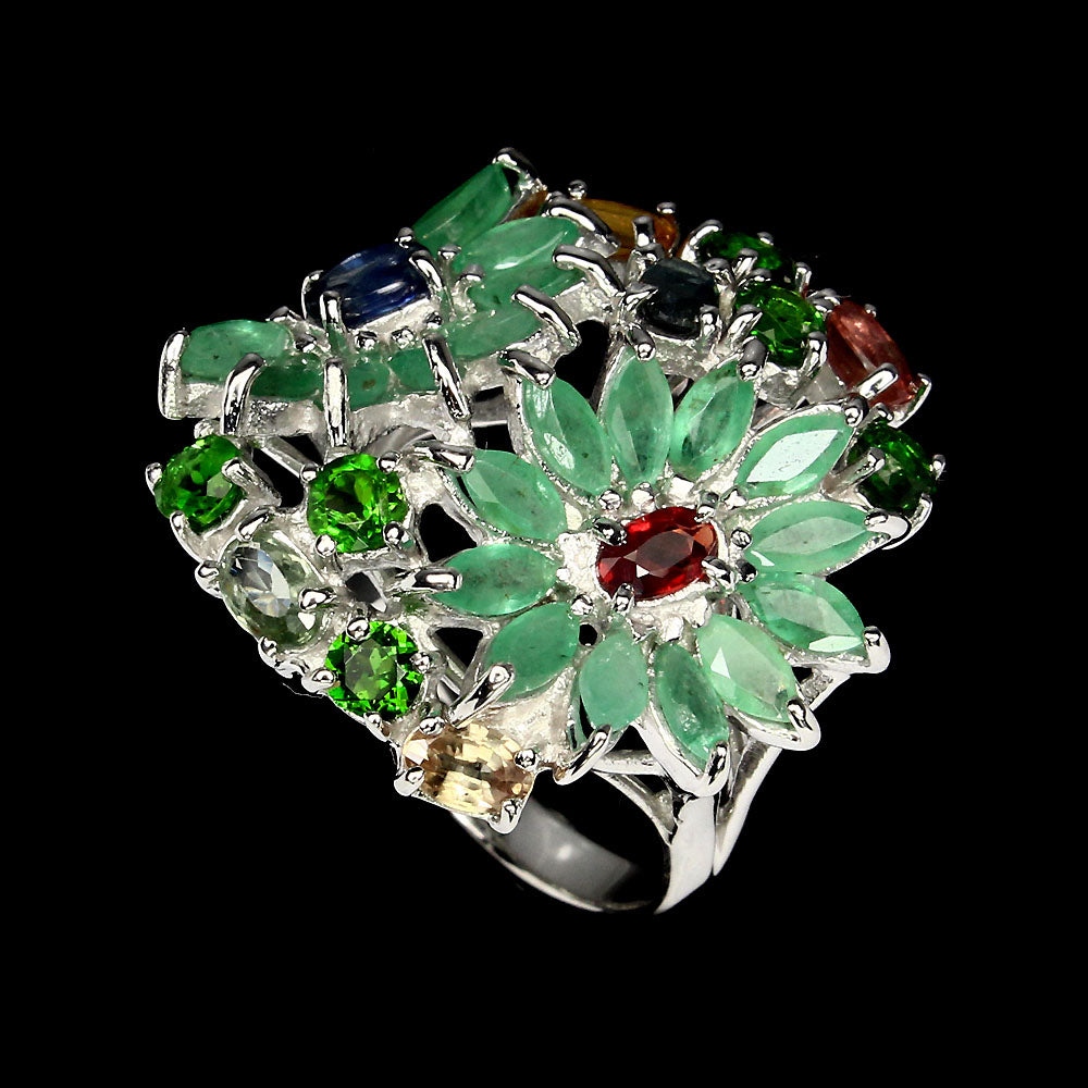 Saphir Smaragd Chromdiopsid Ring Silber weißvergoldet - INARA - Detailansicht
